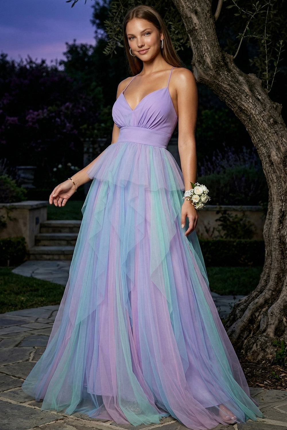 Two Tone Mesh Ruffle Maxi Dress