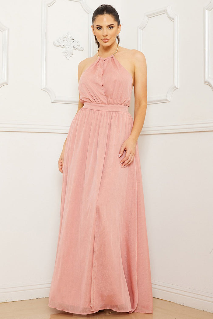 Symphony Dress - Halter Surplice With Chain Necklace Maxi Dress | Zezebe