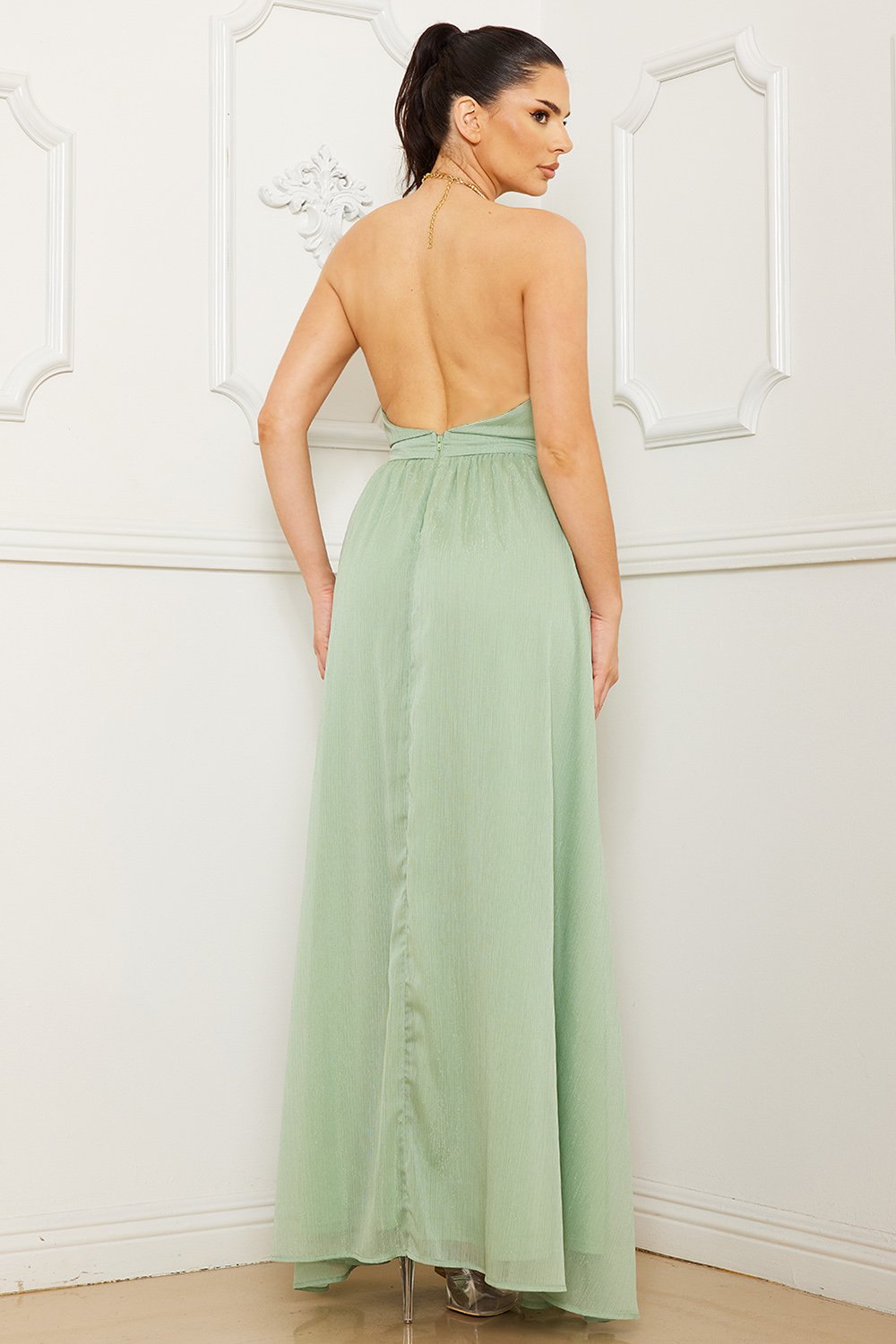 Halter Surplice With Chain Necklace Maxi Dress