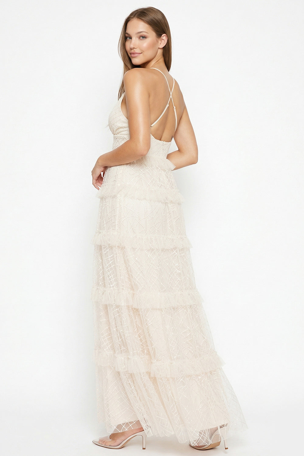 Geo Print Mesh Layered Maxi Dress