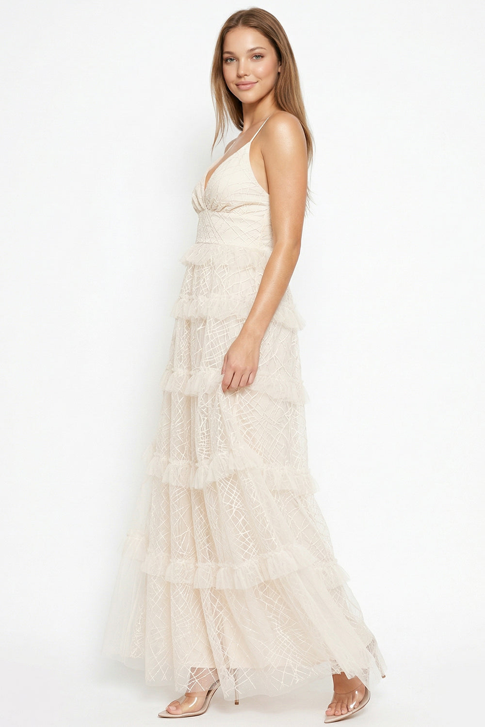 Geo Print Mesh Layered Maxi Dress