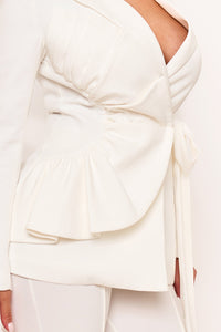 Symphony Jacket - Ruffle On One-Side Waist Self Tie Jacket | Zezebe