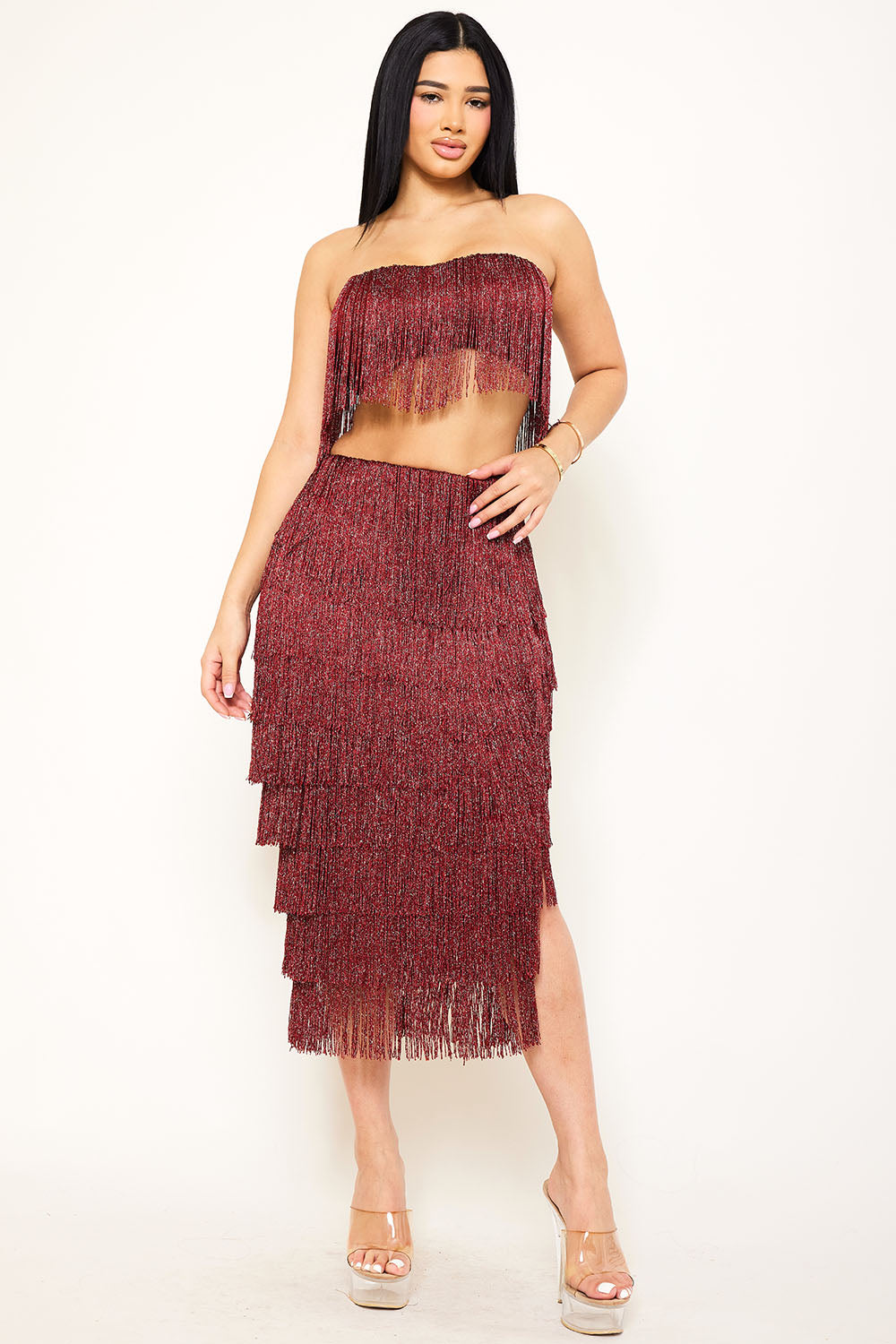 Fringe Tube Top And Midi Skirt Set