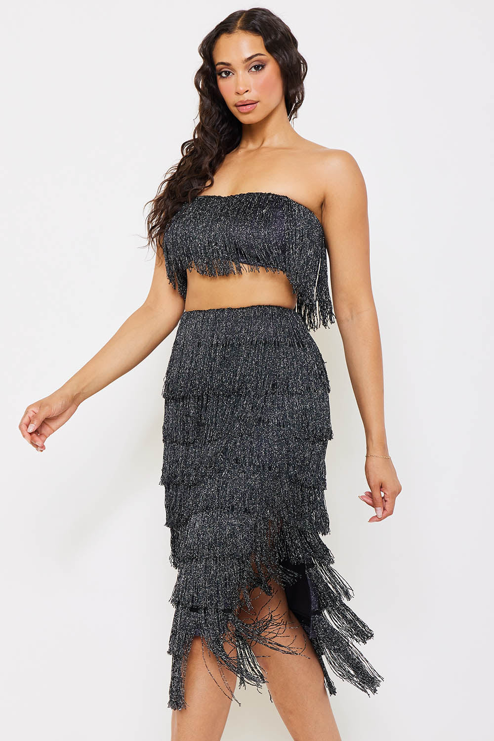 Fringe Tube Top And Midi Skirt Set