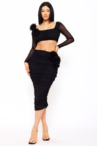 Symphony Set - Power Mesh Floral &Nbsp;Applique Attached Midi Skirt Set | Zezebe