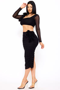 Symphony Set - Power Mesh Floral &Nbsp;Applique Attached Midi Skirt Set | Zezebe