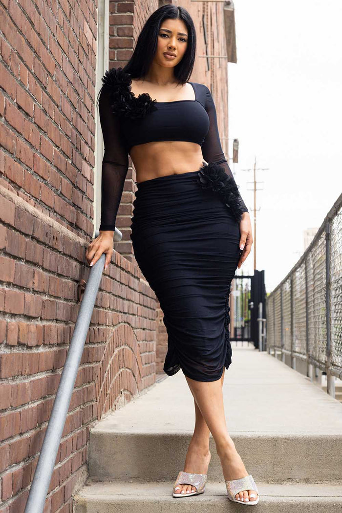 Symphony Set - Power Mesh Floral &Nbsp;Applique Attached Midi Skirt Set | Zezebe