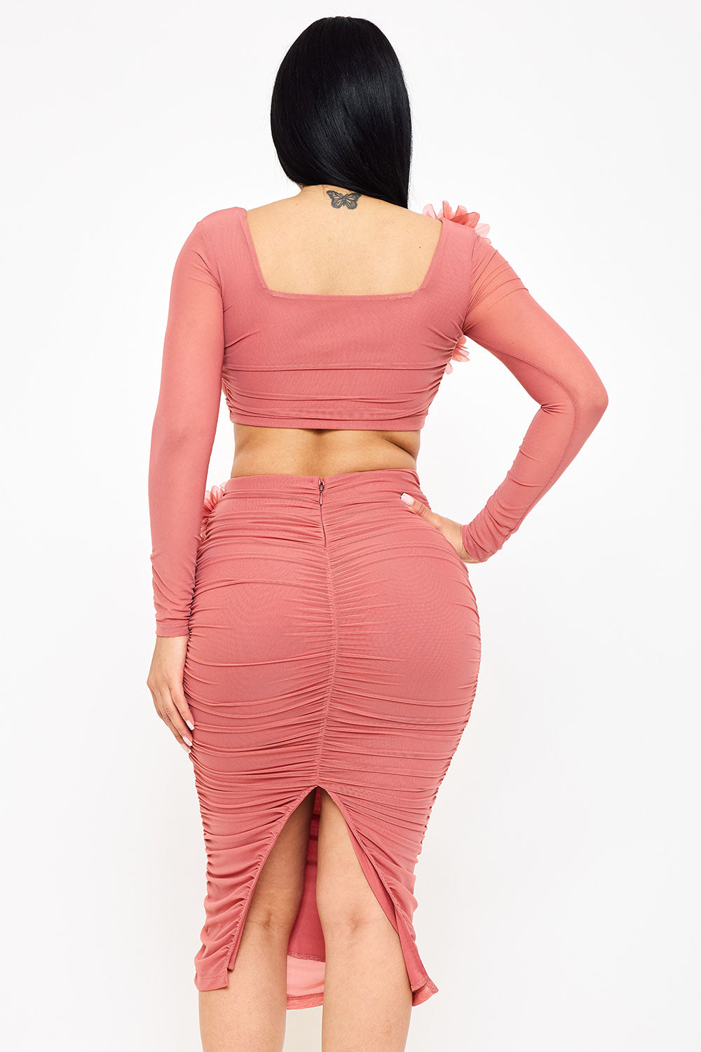 Symphony Set - Power Mesh Floral &Nbsp;Applique Attached Midi Skirt Set | Zezebe