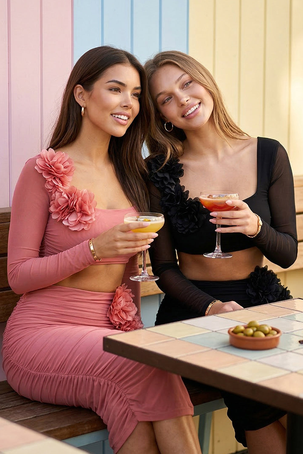 Symphony Set - Power Mesh Floral &Nbsp;Applique Attached Midi Skirt Set | Zezebe