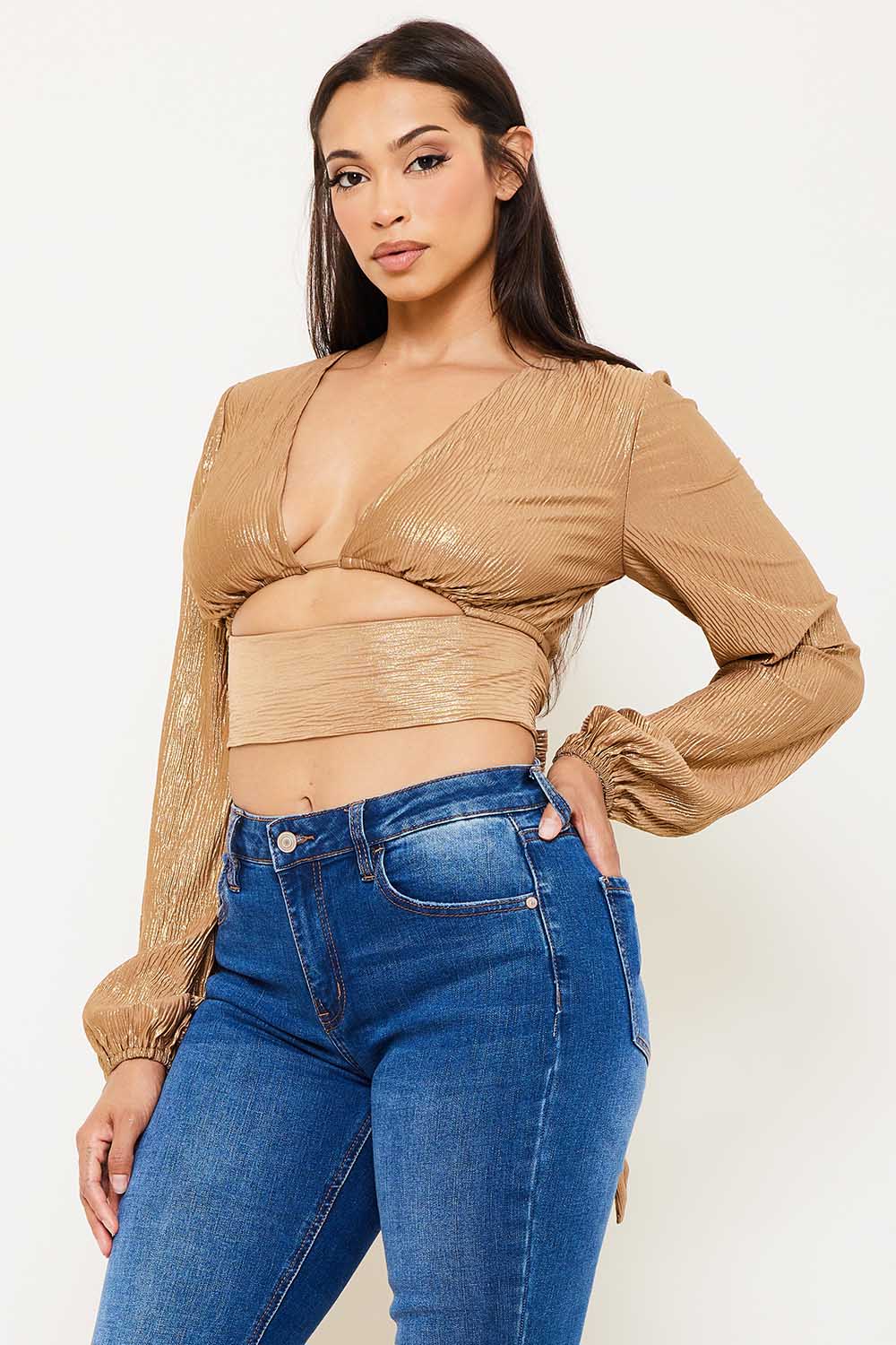 Symphony Top - Foil Open Front With Strap On Bust Crop Top | Zezebe