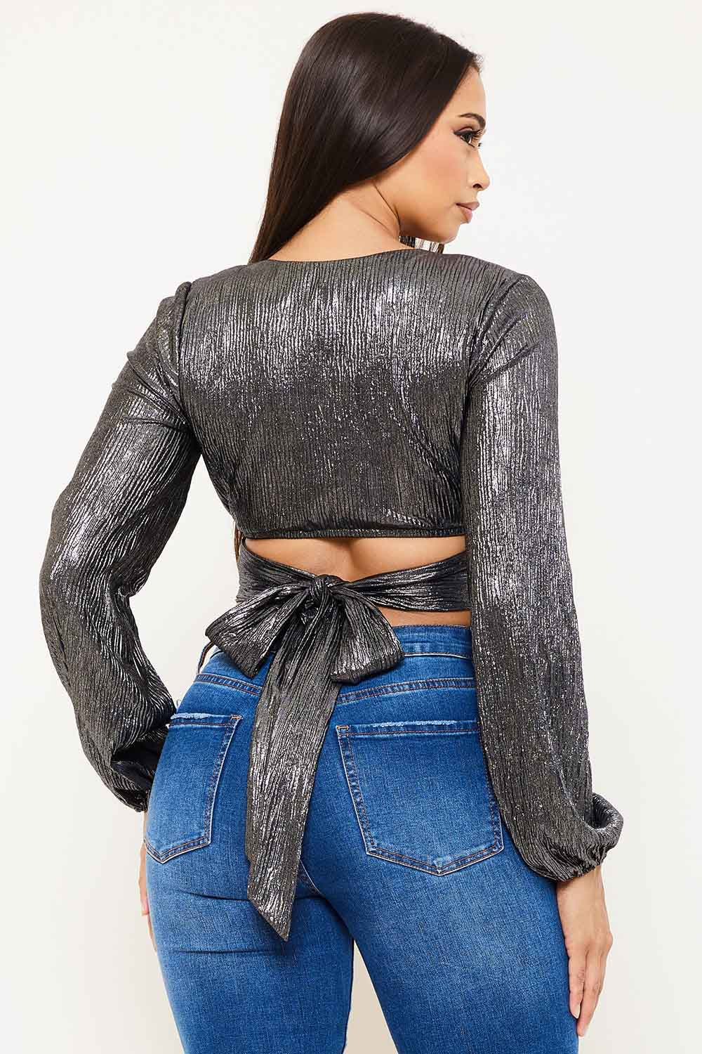 Symphony Top - Foil Open Front With Strap On Bust Crop Top | Zezebe