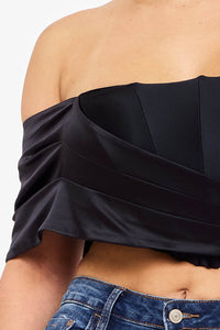 Symphony Top - Pearl Satin One Shoulder Off The Shoulder Crop Top | Zezebe