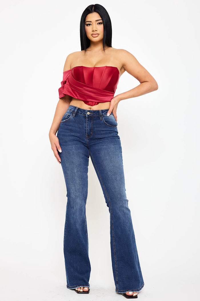 Symphony Top - Pearl Satin One Shoulder Off The Shoulder Crop Top | Zezebe