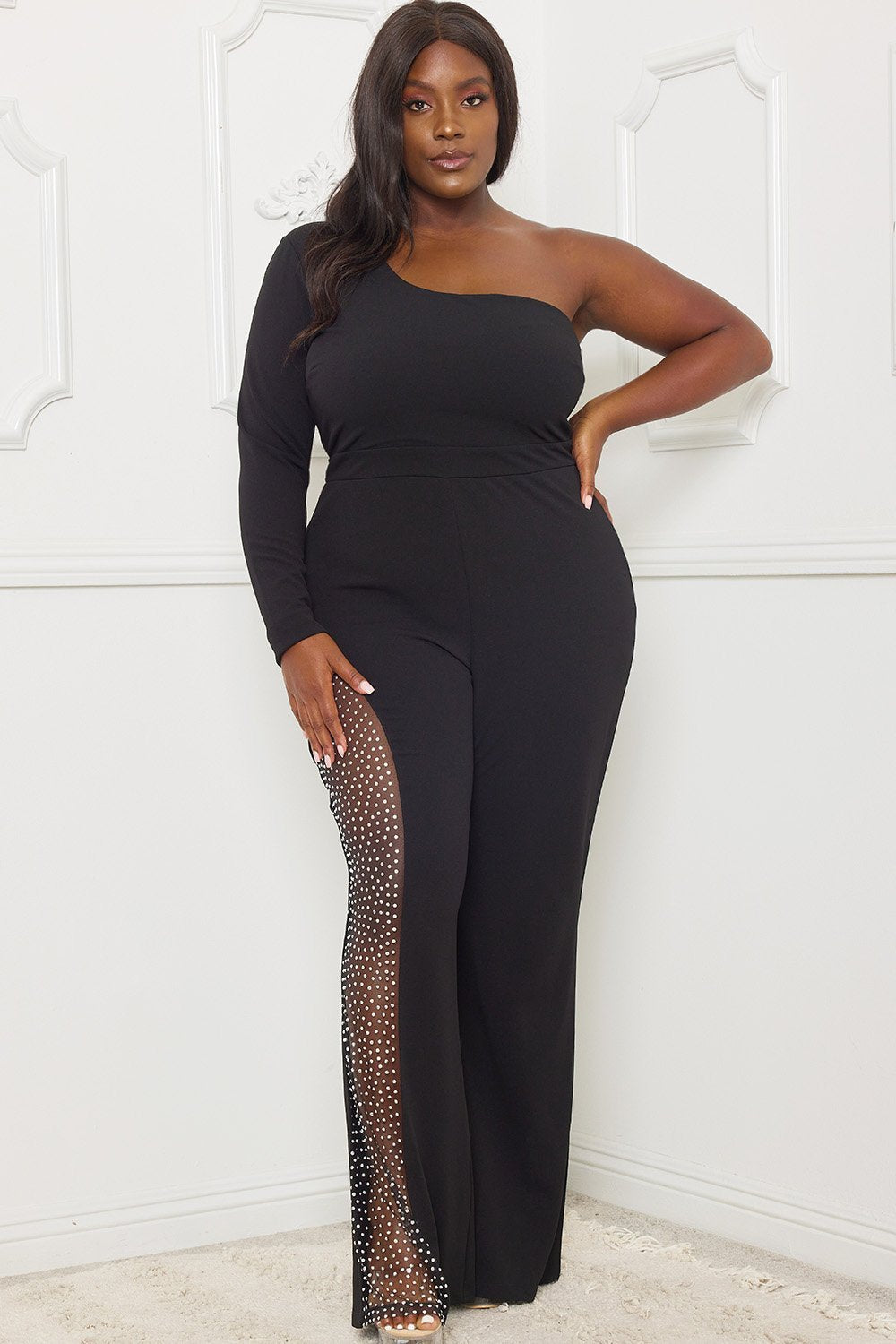 Symphony Jumpsuit - Rhinestone On Mesh One Shoulder Plus Size Night Out Jumpsuit | Zezebe