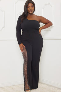 Symphony Jumpsuit - Rhinestone On Mesh One Shoulder Plus Size Night Out Jumpsuit | Zezebe