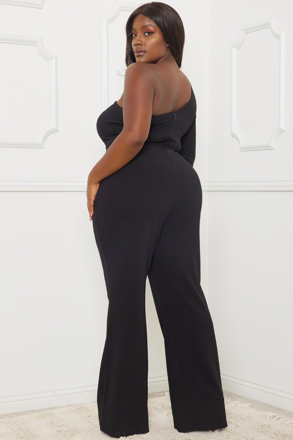 Symphony Jumpsuit - Rhinestone On Mesh One Shoulder Plus Size Night Out Jumpsuit | Zezebe