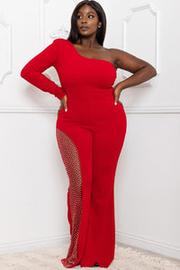 Symphony Jumpsuit - Rhinestone On Mesh One Shoulder Plus Size Night Out Jumpsuit | Zezebe