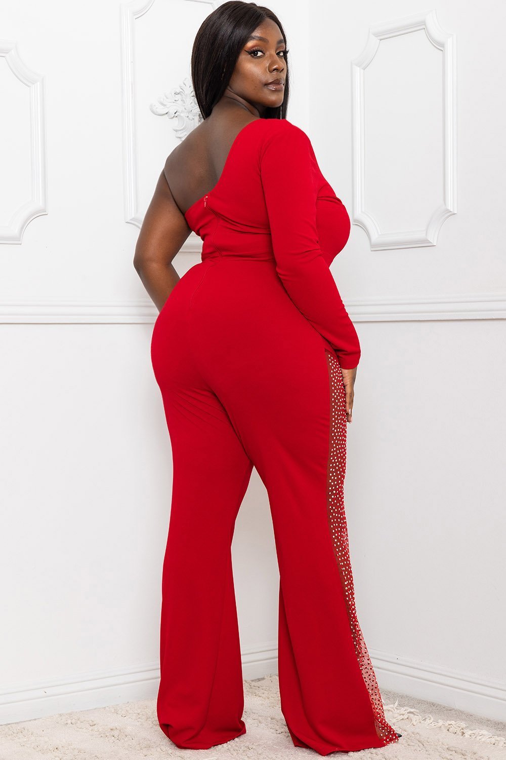 Symphony Jumpsuit - Rhinestone On Mesh One Shoulder Plus Size Night Out Jumpsuit | Zezebe