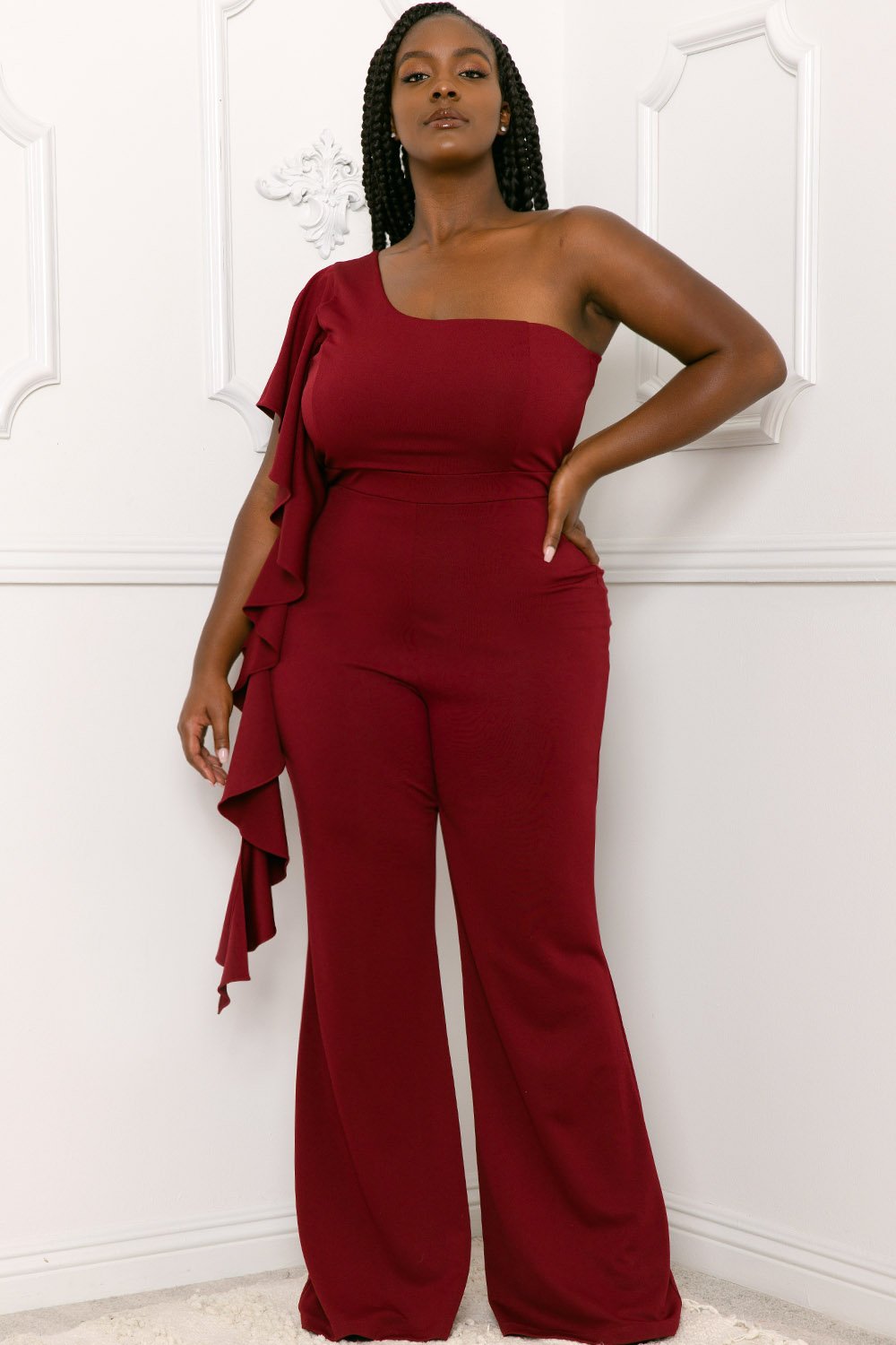Symphony Jumpsuit - Ruffle Side One Shoulder Plus Size Night Out Jumpsuit | Zezebe