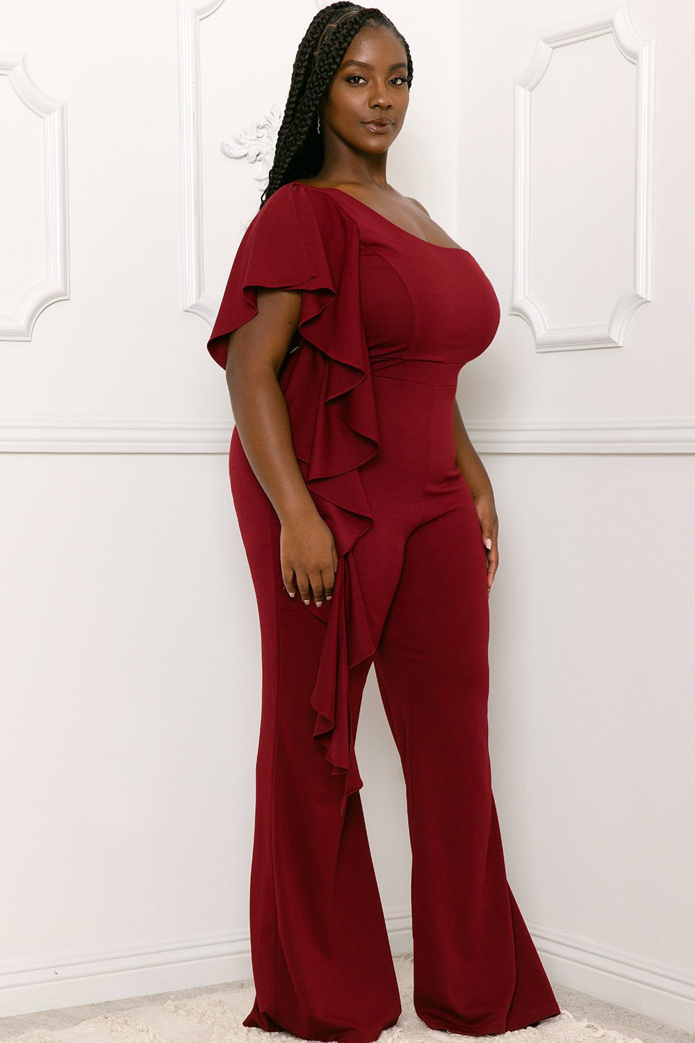 Symphony Jumpsuit - Ruffle Side One Shoulder Plus Size Night Out Jumpsuit | Zezebe