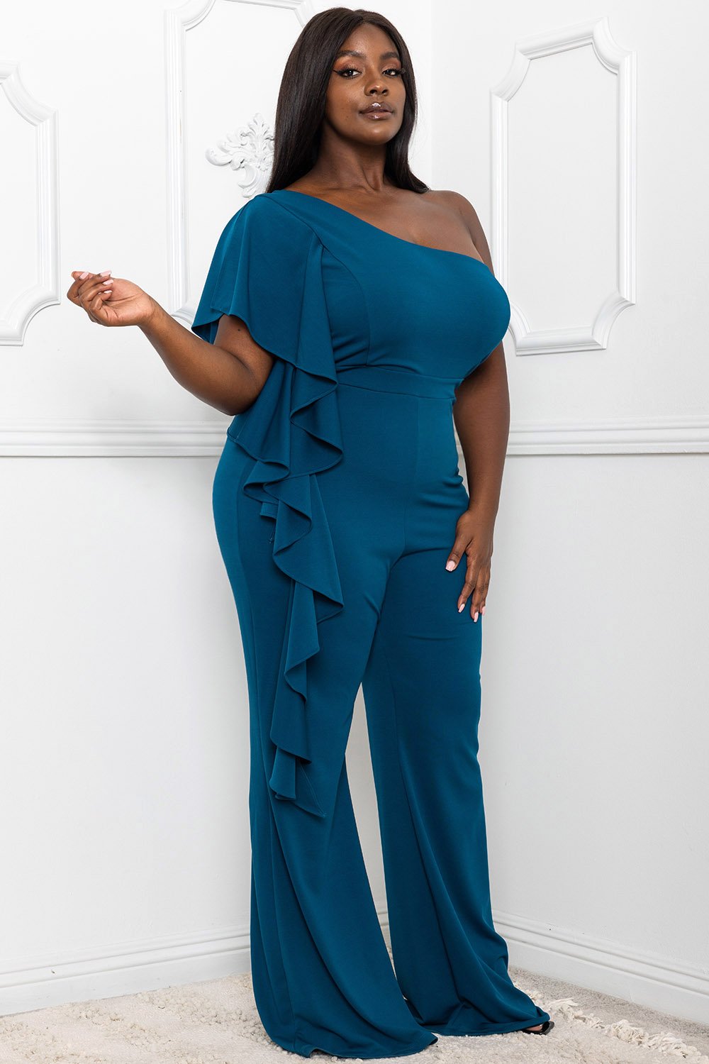 Symphony Jumpsuit - Ruffle Side One Shoulder Plus Size Night Out Jumpsuit | Zezebe