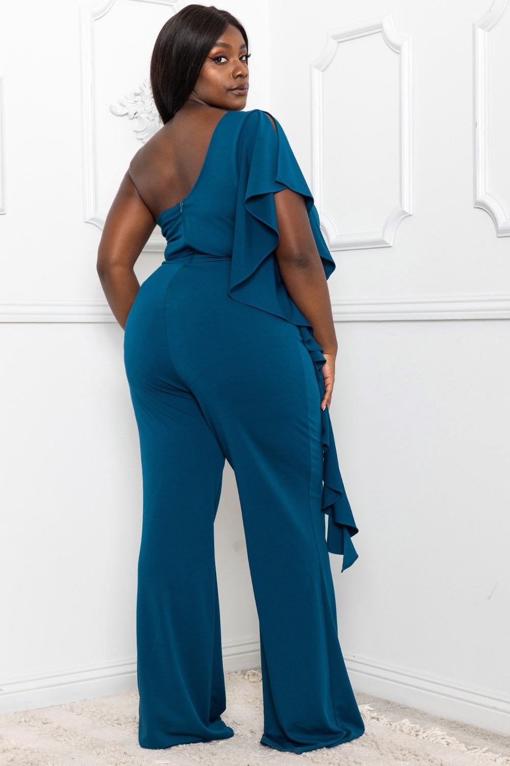 Symphony Jumpsuit - Ruffle Side One Shoulder Plus Size Night Out Jumpsuit | Zezebe