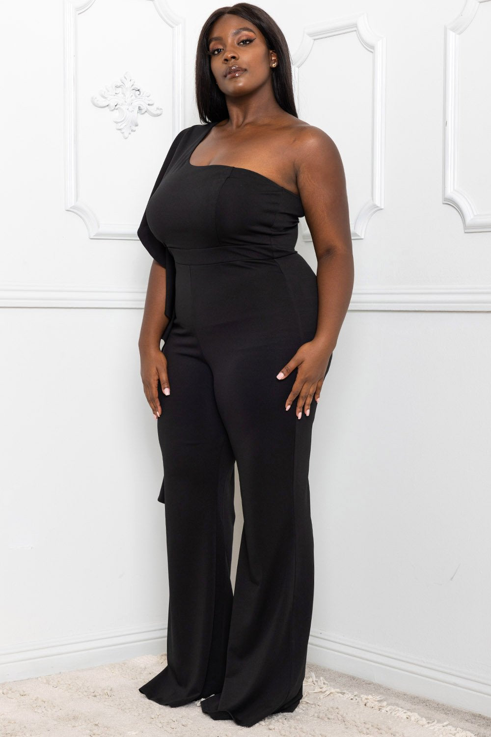 Symphony Jumpsuit - Ruffle Side One Shoulder Plus Size Night Out Jumpsuit | Zezebe