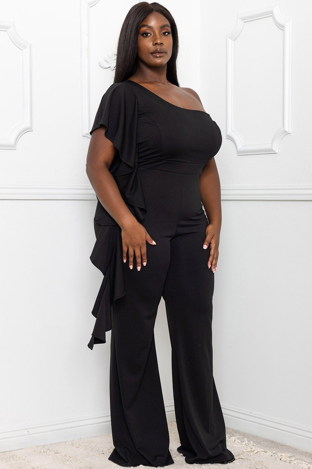 Symphony Jumpsuit - Ruffle Side One Shoulder Plus Size Night Out Jumpsuit | Zezebe