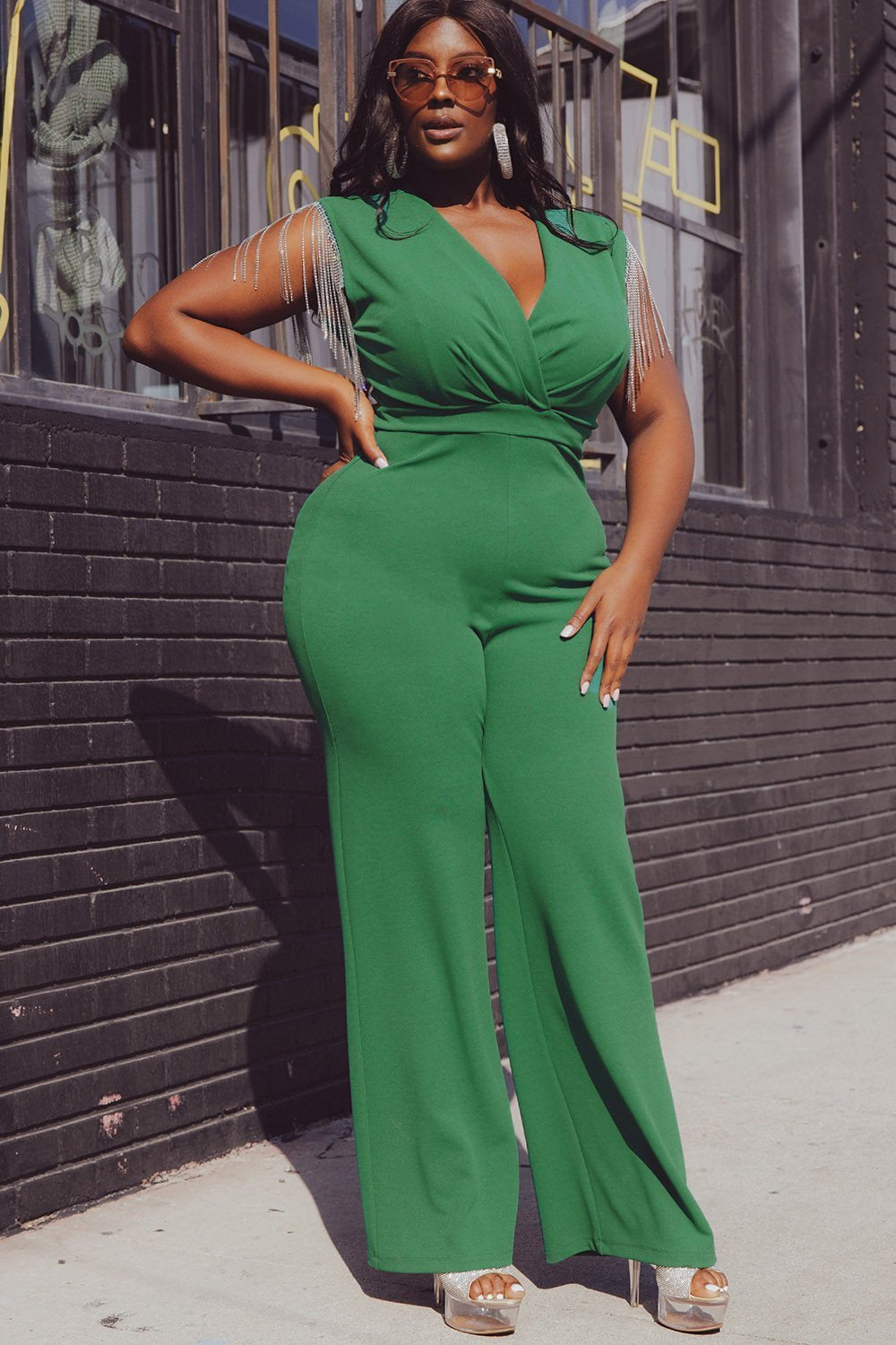 Symphony Jumpsuit - Metal Chain Fringe Sleeve Plus Size Night Out Jumpsuit | Zezebe