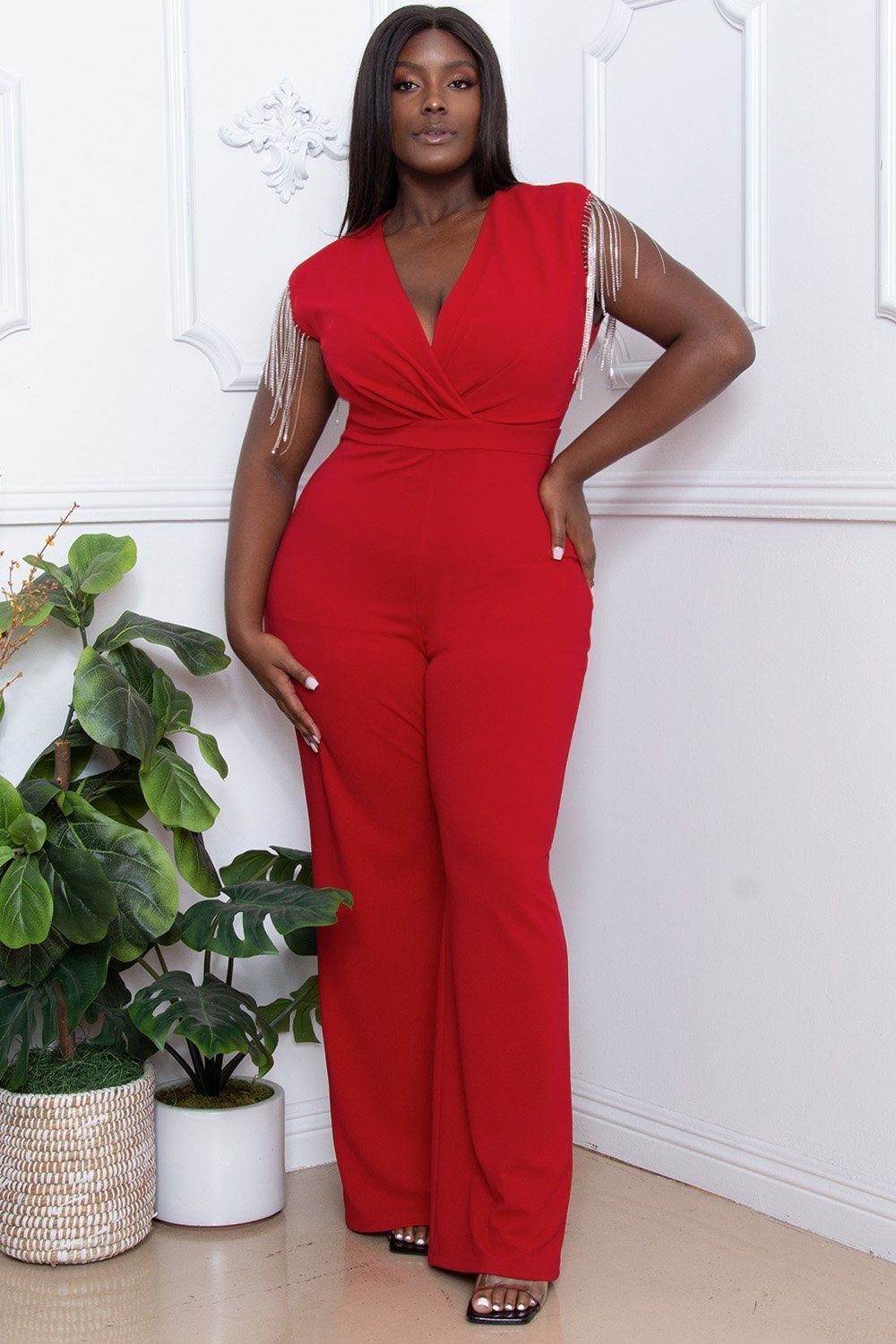 Symphony Jumpsuit - Metal Chain Fringe Sleeve Plus Size Night Out Jumpsuit | Zezebe