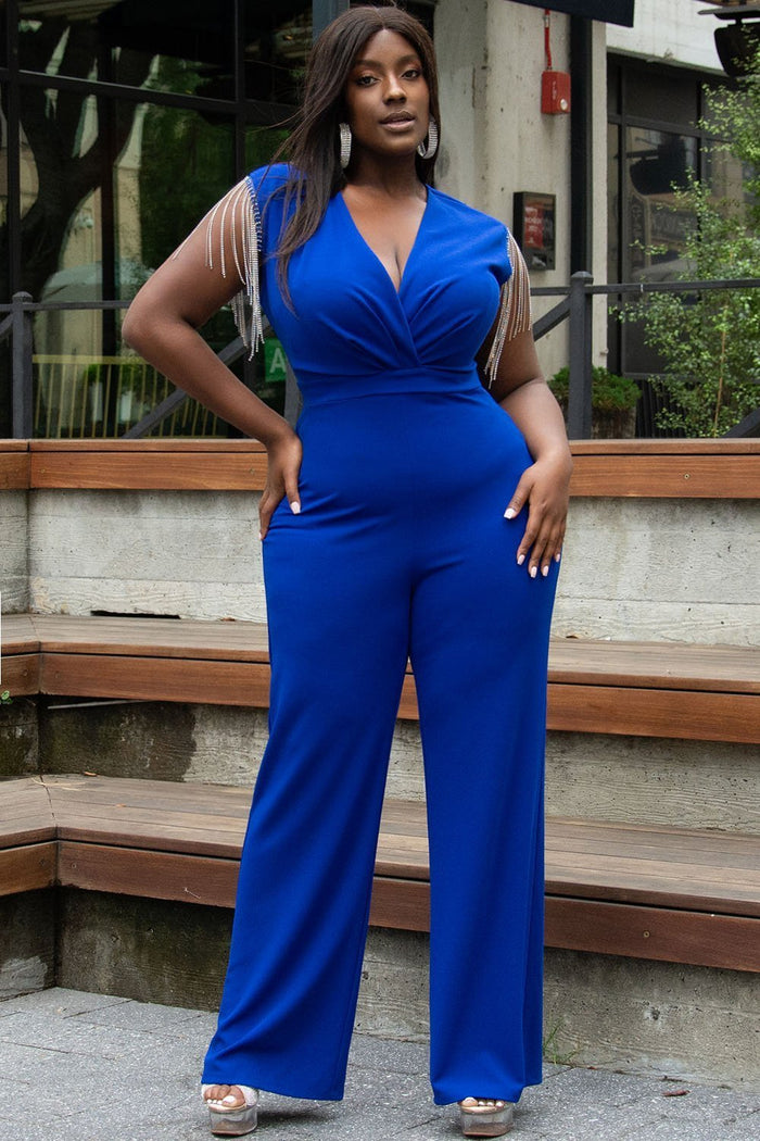 Symphony Jumpsuit - Metal Chain Fringe Sleeve Plus Size Night Out Jumpsuit | Zezebe
