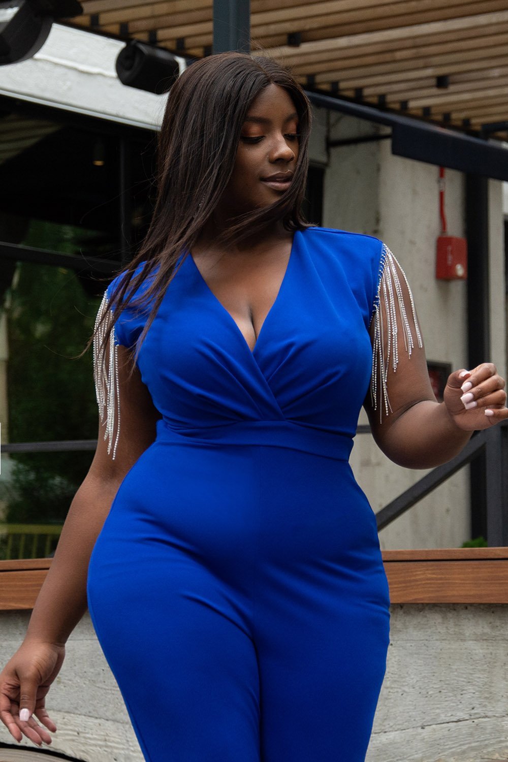 Symphony Jumpsuit - Metal Chain Fringe Sleeve Plus Size Night Out Jumpsuit | Zezebe