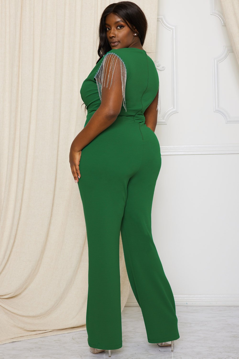 Symphony Jumpsuit - Metal Chain Fringe Sleeve Plus Size Night Out Jumpsuit | Zezebe