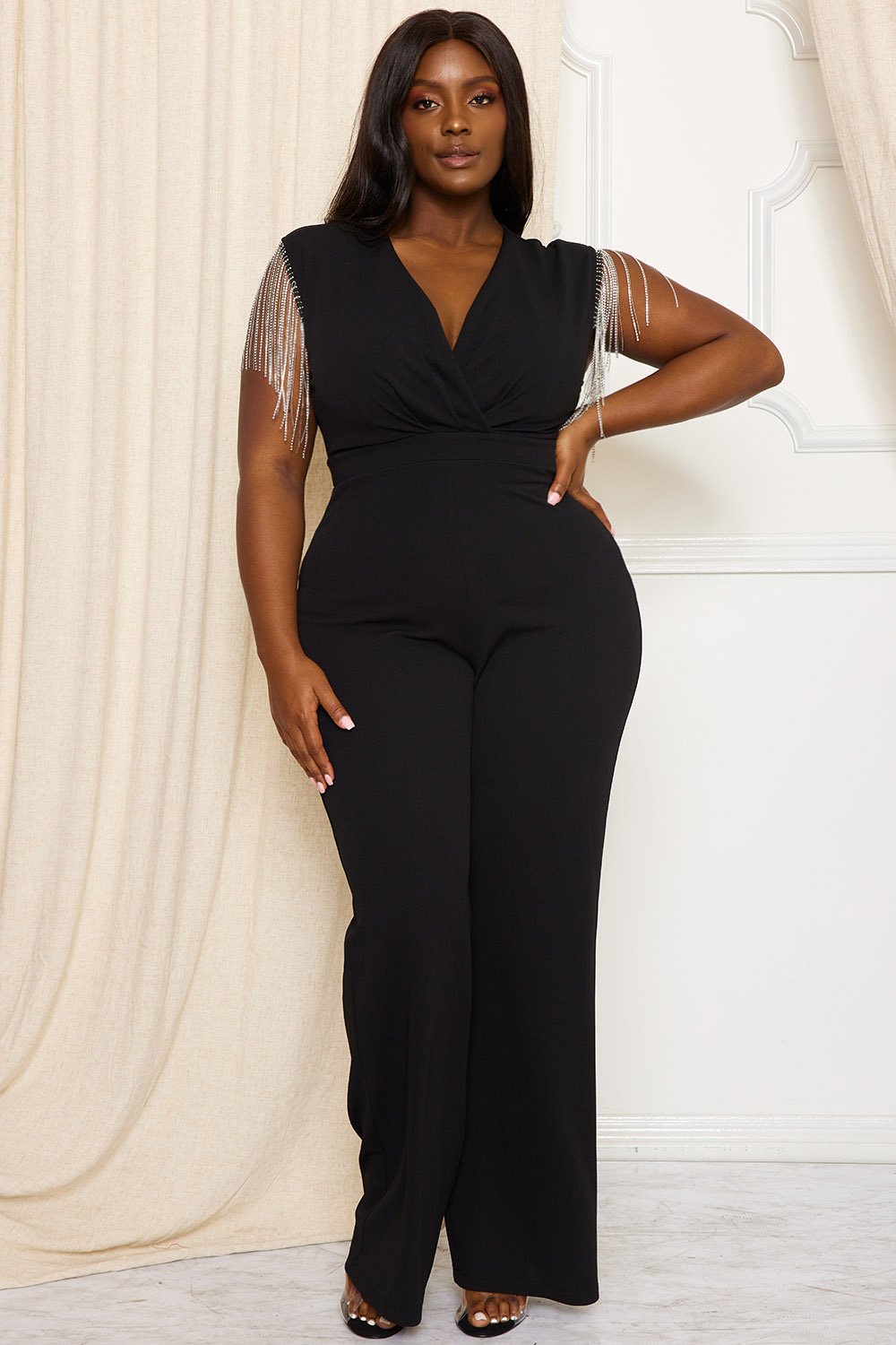 Symphony Jumpsuit - Metal Chain Fringe Sleeve Plus Size Night Out Jumpsuit | Zezebe