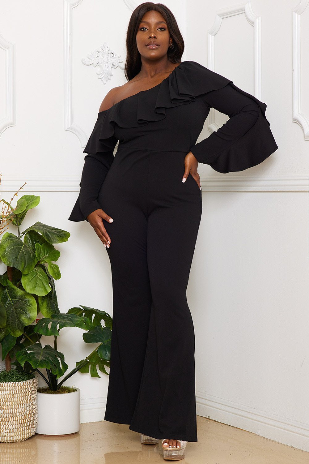 Symphony Jumpsuit - Ruffle One Shoulder Plus Size Night Out Jumpsuit | Zezebe