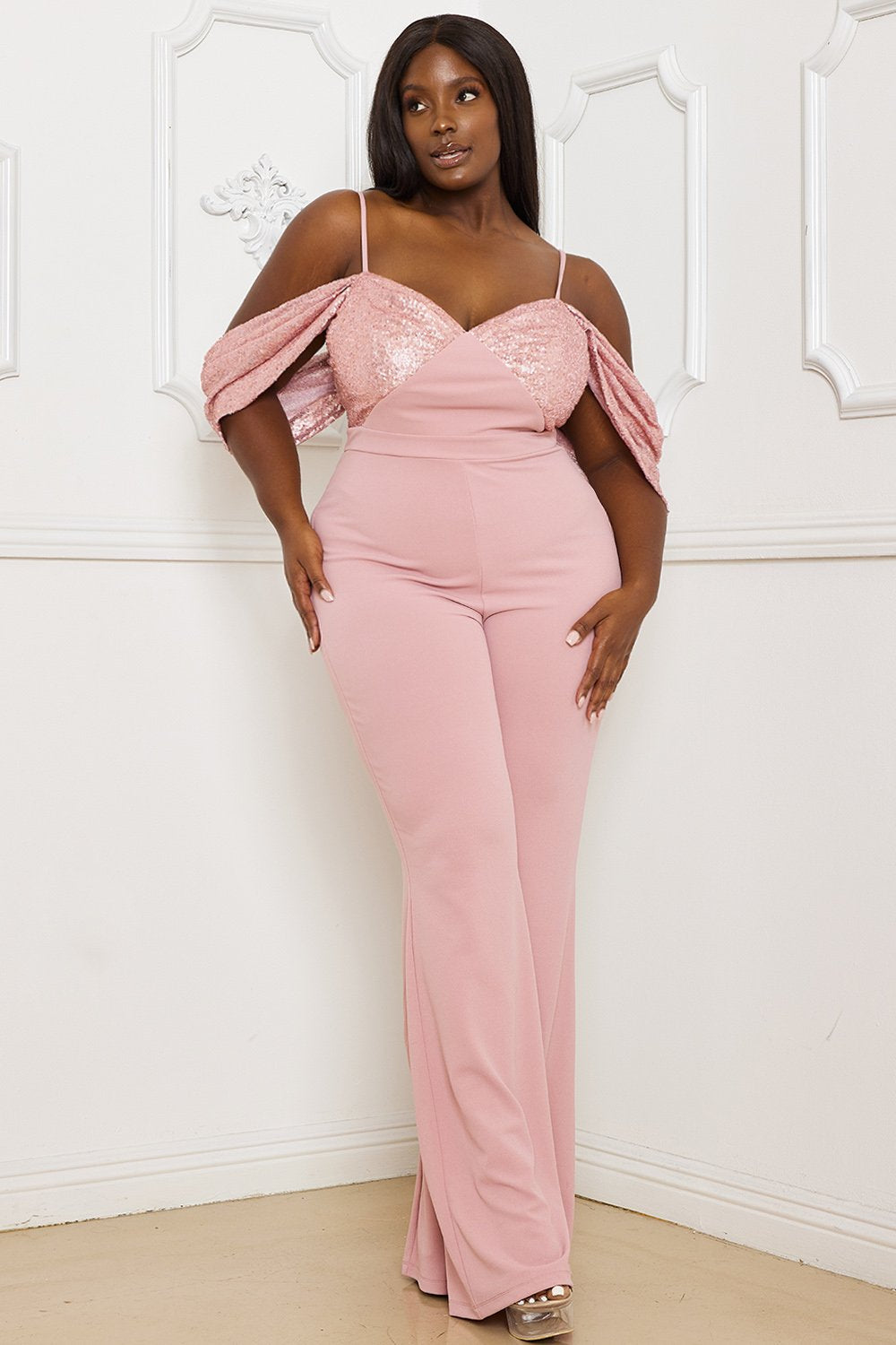 Symphony Jumpsuit - Sequin Off The Shoulder Plus Size Jumpsuit | Zezebe