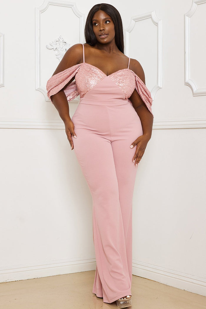 Symphony Jumpsuit - Sequin Off The Shoulder Plus Size Jumpsuit | Zezebe