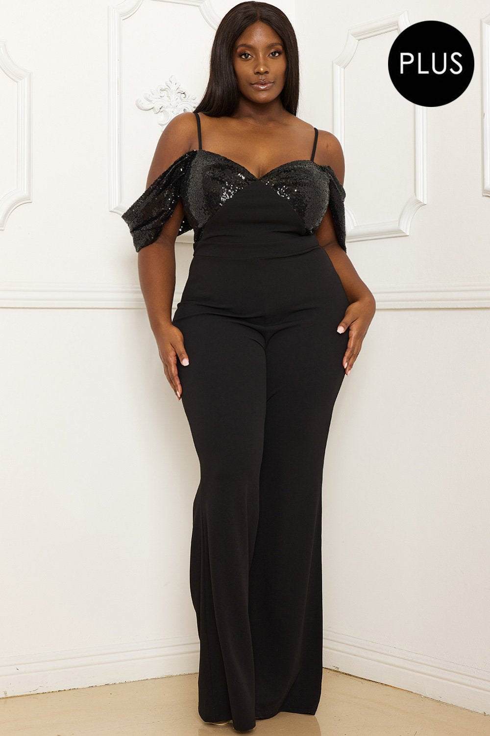 Symphony Jumpsuit - Sequin Off The Shoulder Plus Size Jumpsuit | Zezebe