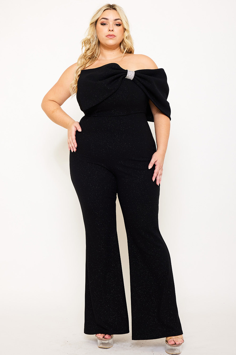 Symphony Jumpsuit - Glitter Techno Crepe Large Bow Front Night Out Plus Size Jumpsuit | Zezebe