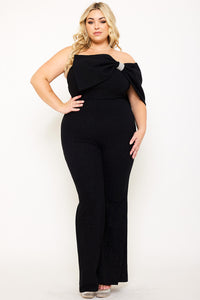 Symphony Jumpsuit - Glitter Techno Crepe Large Bow Front Night Out Plus Size Jumpsuit | Zezebe