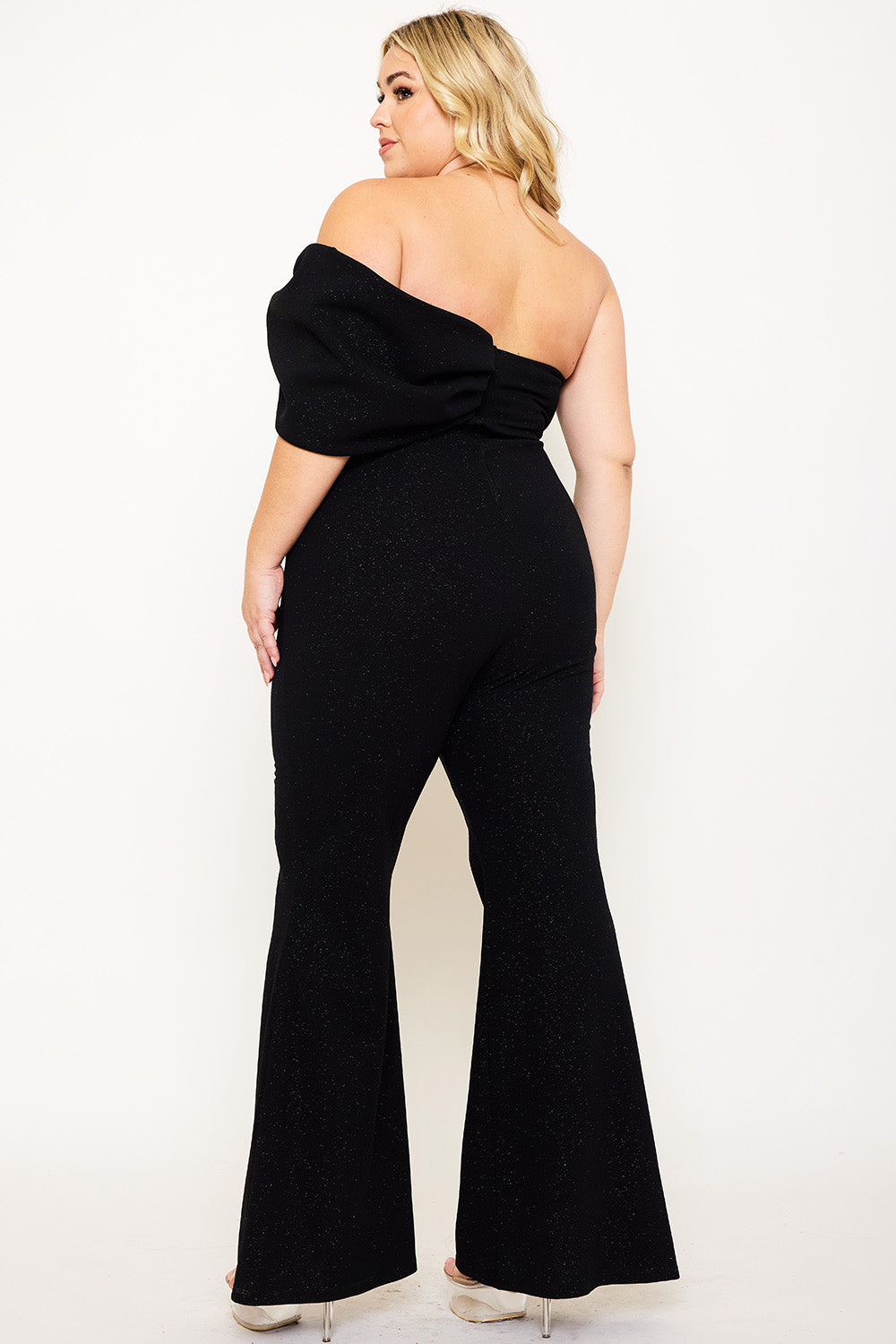 Symphony Jumpsuit - Glitter Techno Crepe Large Bow Front Night Out Plus Size Jumpsuit | Zezebe