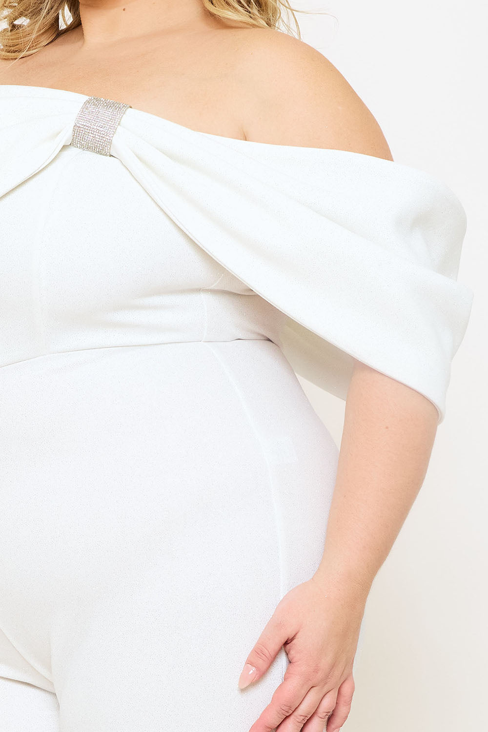 Symphony Jumpsuit - Glitter Techno Crepe Large Bow Front Night Out Plus Size Jumpsuit | Zezebe