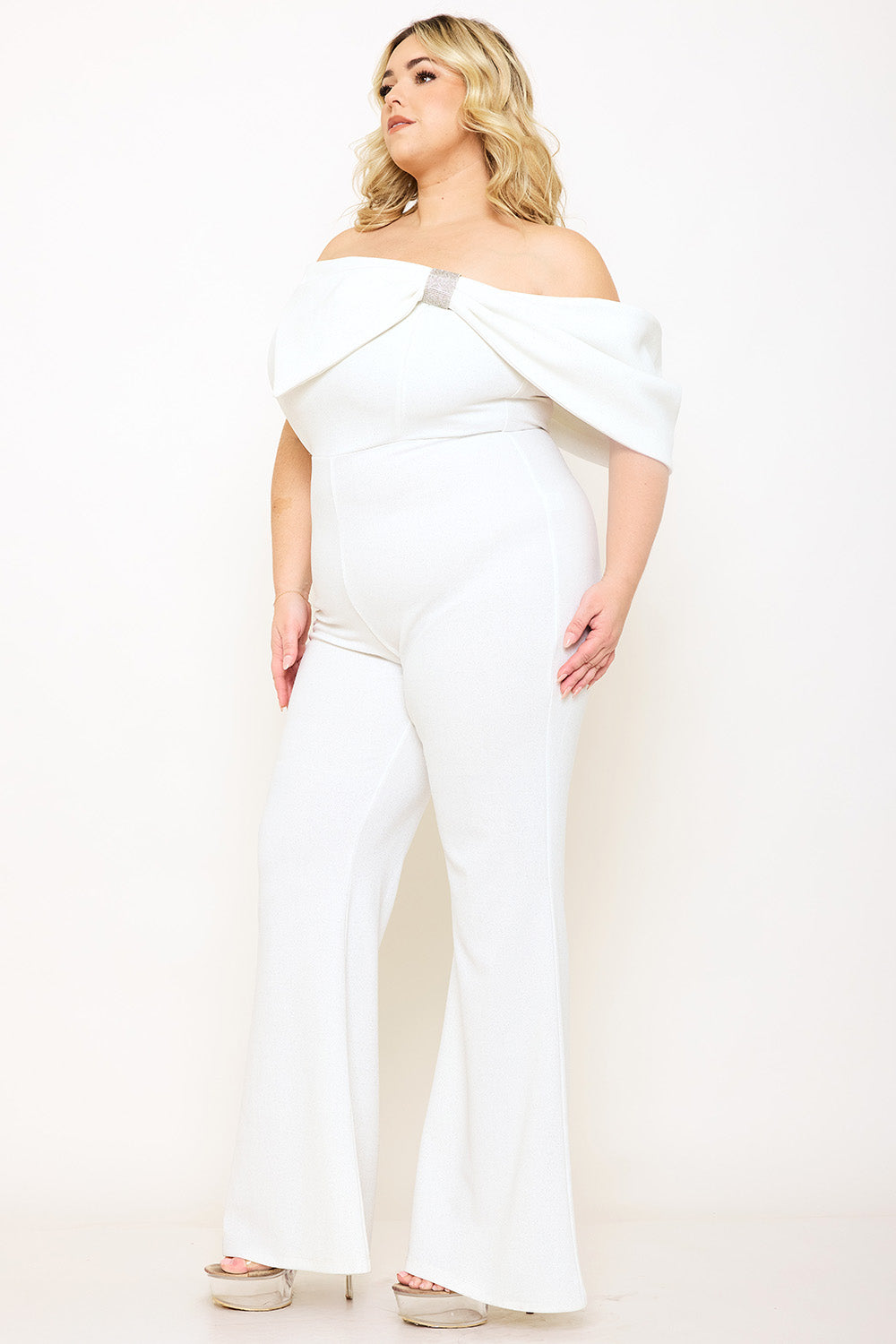 Symphony Jumpsuit - Glitter Techno Crepe Large Bow Front Night Out Plus Size Jumpsuit | Zezebe