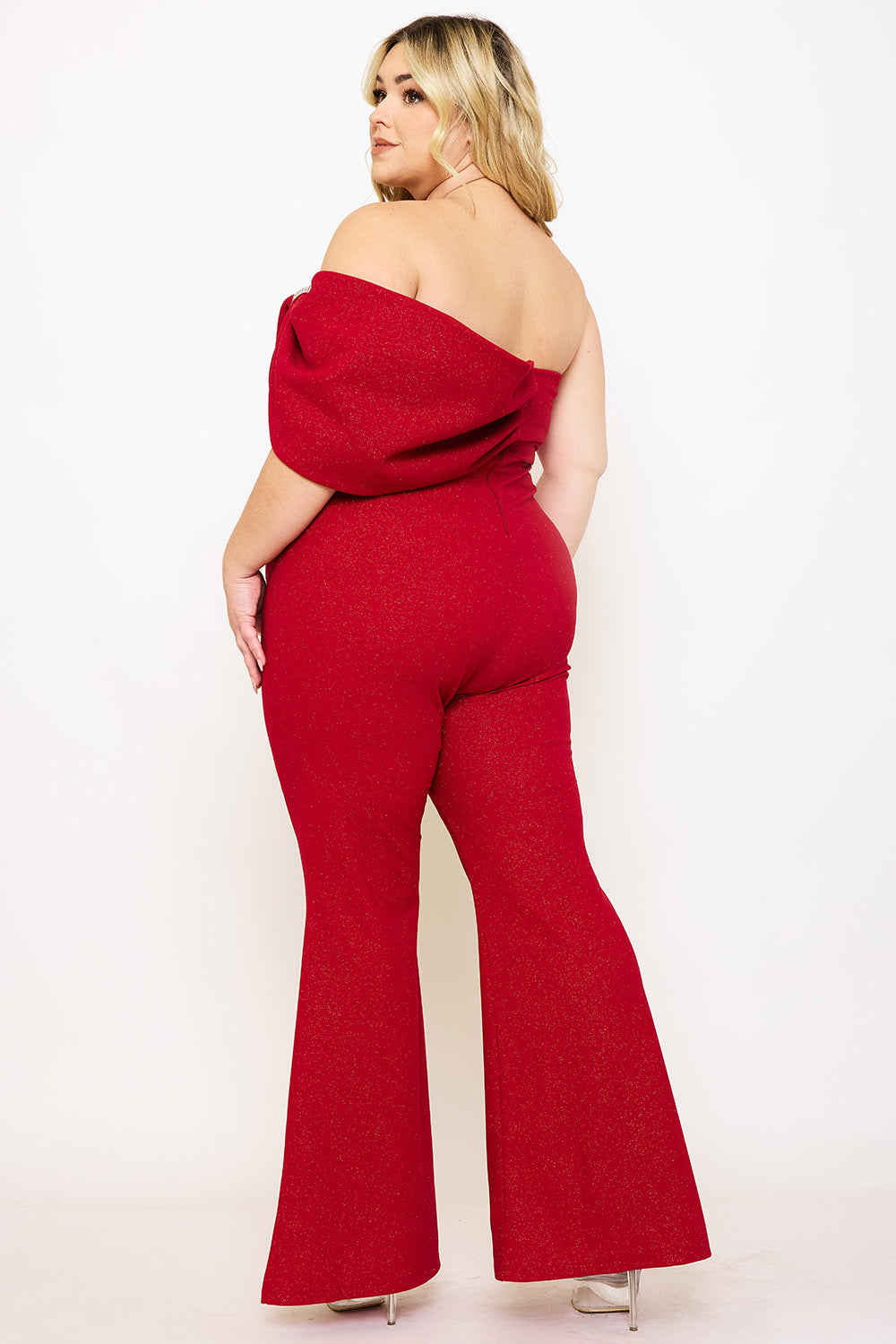 Symphony Jumpsuit - Glitter Techno Crepe Large Bow Front Night Out Plus Size Jumpsuit | Zezebe