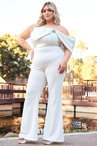 Symphony Jumpsuit - Glitter Techno Crepe Large Bow Front Night Out Plus Size Jumpsuit | Zezebe