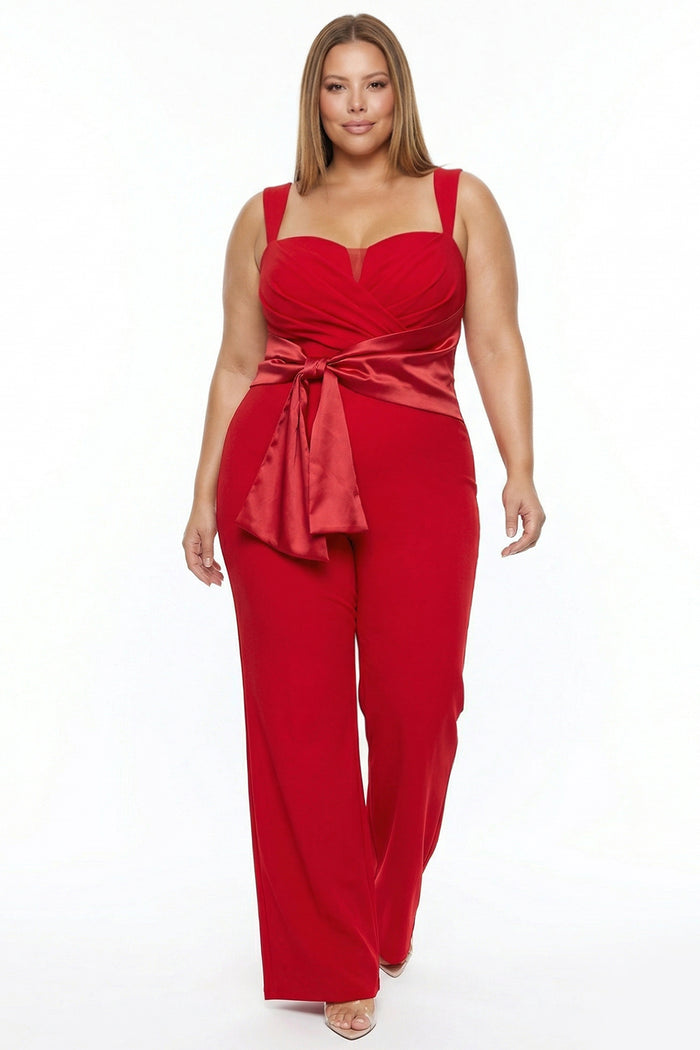 Pleated Wrap With Satin Tie On Waist Plus Size Jumpsuit