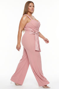Pleated Wrap With Satin Tie On Waist Plus Size Jumpsuit
