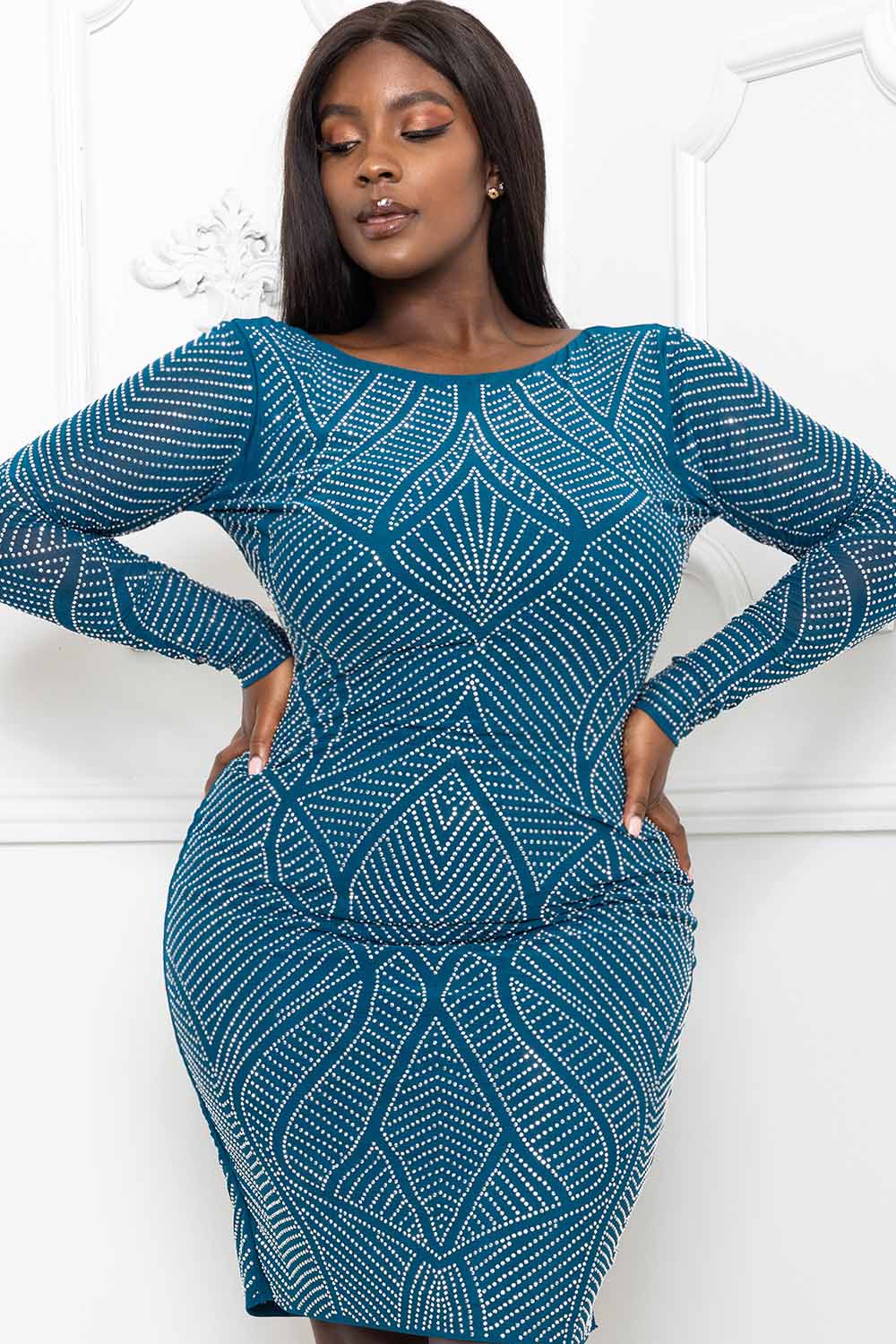 Symphony Dress - Rhinestone Front And Back Plus Size Night Out Midi Dress | Zezebe
