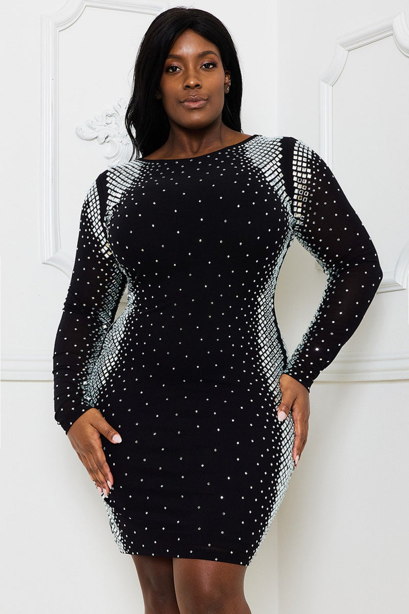 knee length dresses for ladies Rhinestone Mesh Mini Dress