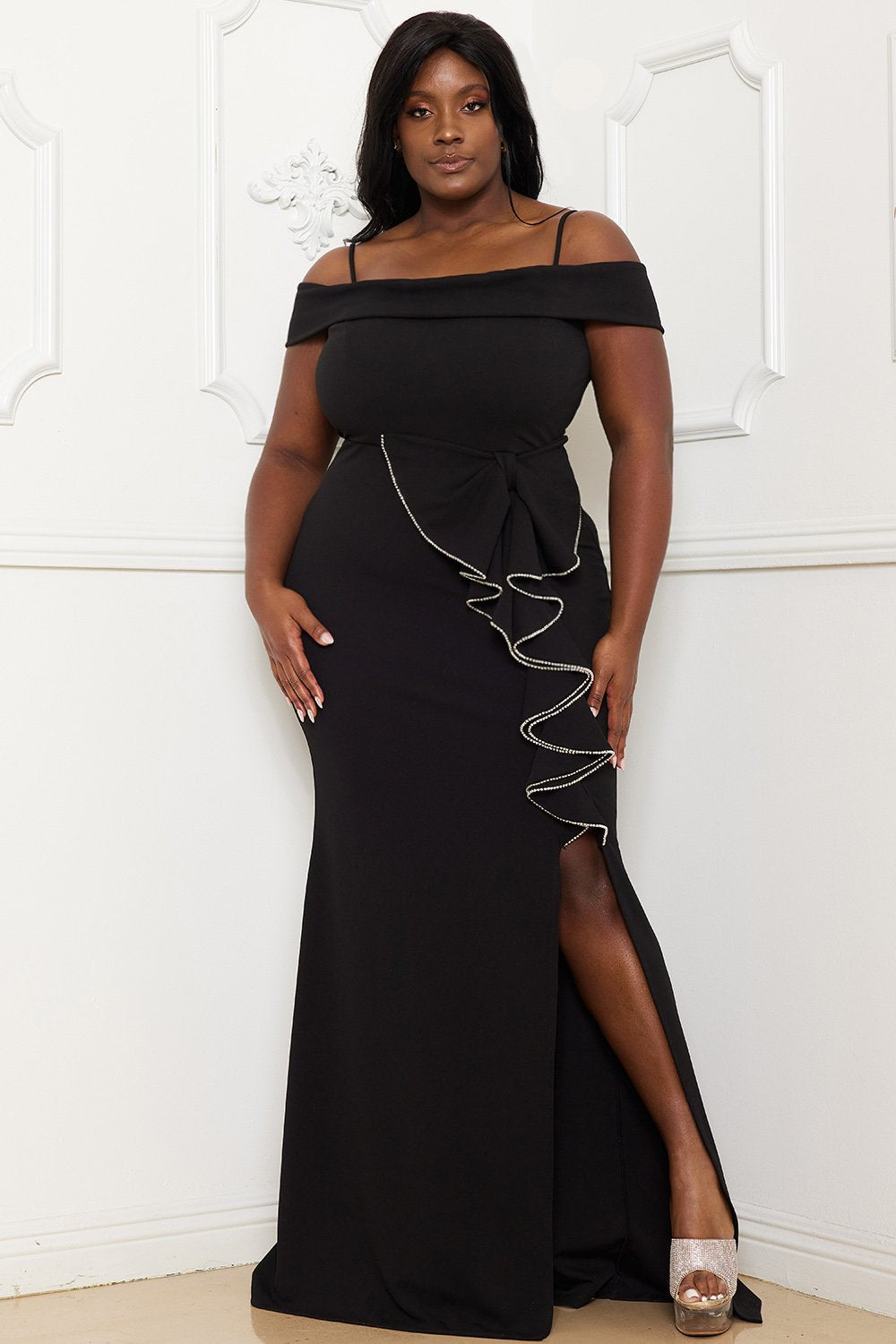 Symphony Dress - Rhinestone Trim Open Shoulder Maxi Dress | Zezebe